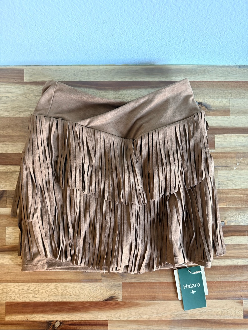 HALARA Tan Suede-Look Fringe Mini Skirt